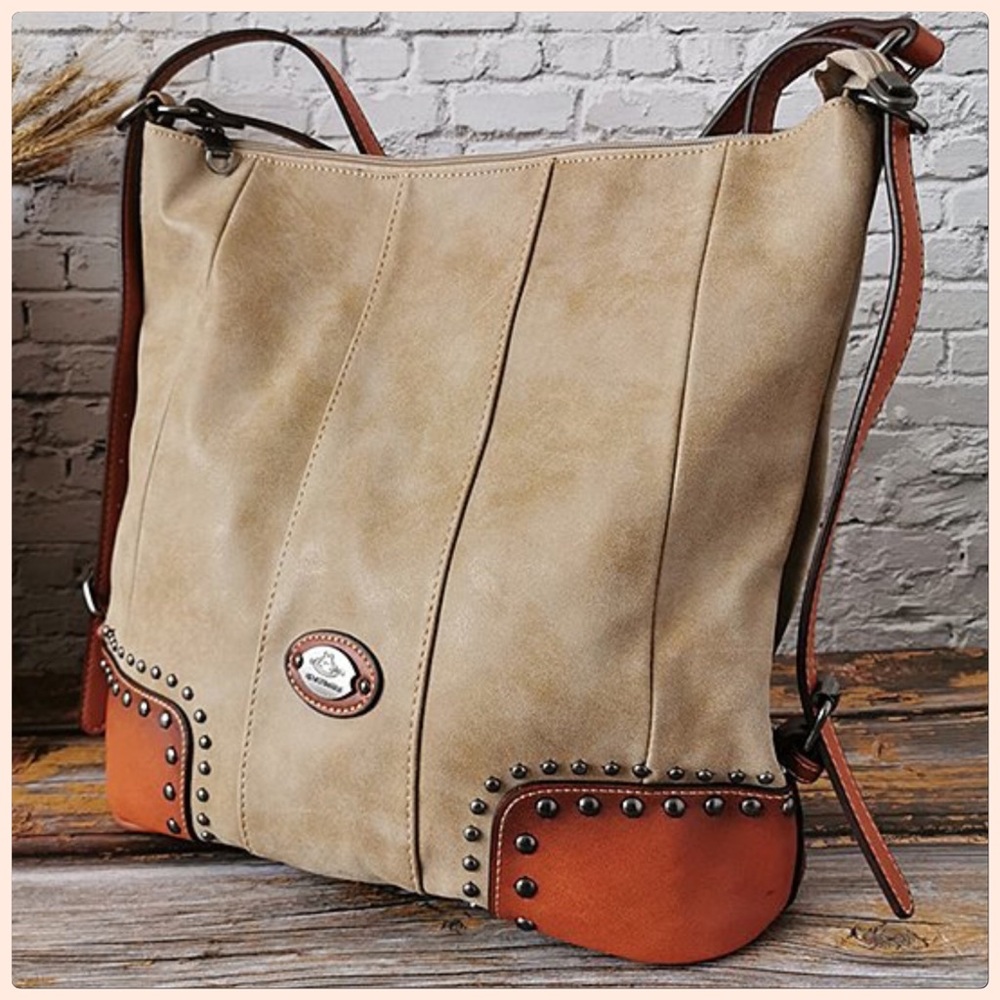 NWT 2X HP Genuine Leather Beautifully Detailed Large Tan/Brown Crossbody Bag